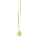 A COLOURED SAPPHIRE AND DIAMOND PENDANT ON CHAIN The cushion-shaped yellow sapphire weighing 13.