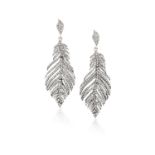 A PAIR OF DIAMOND PENDENT EARRINGS Each slightly articulated feathers, set throughout with single-