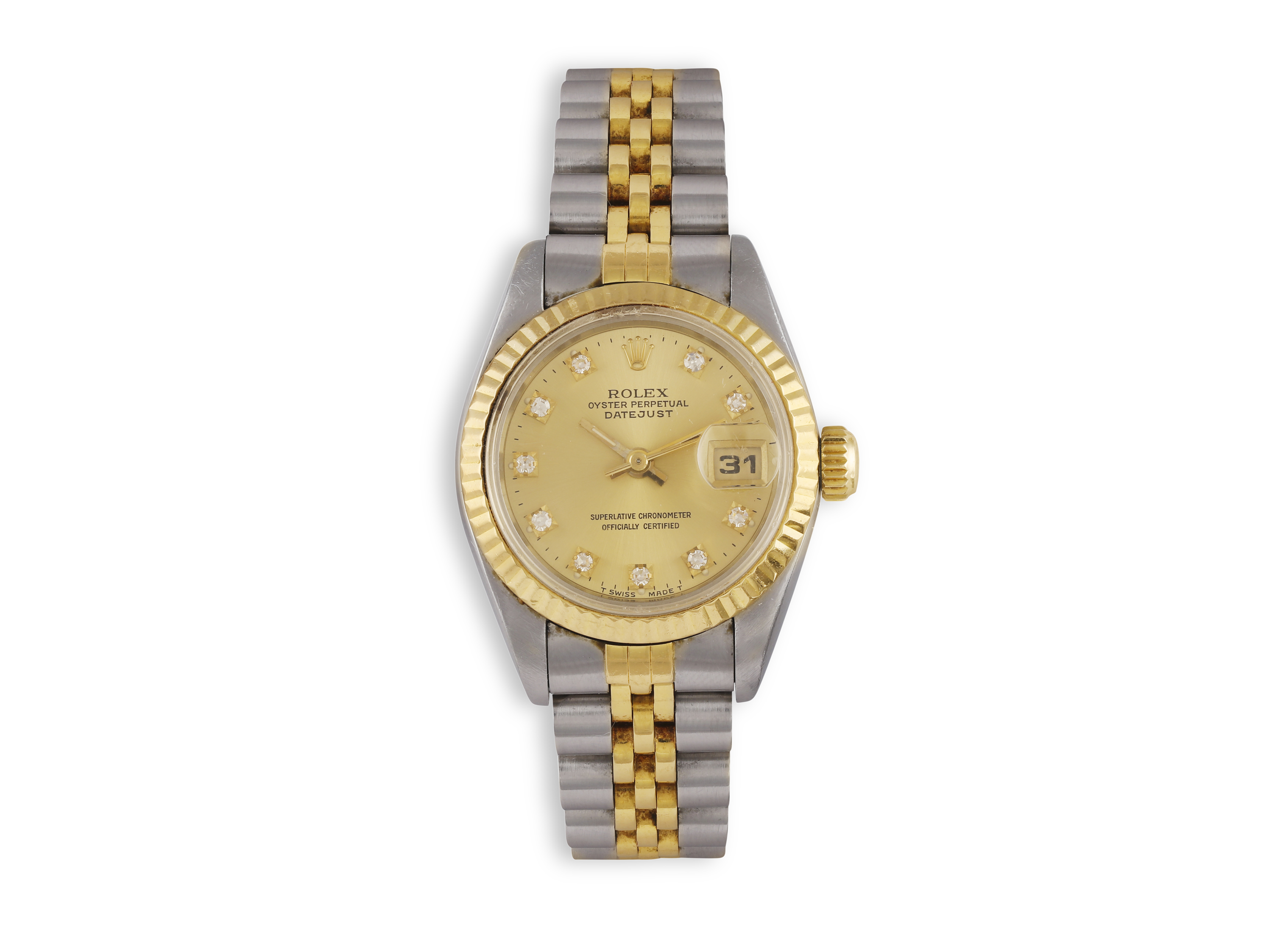 A LADY'S STAINLESS STEEL, GOLD AND DIAMOND-SET DATEJUST CALENDAR BRACELET WATCH, BY ROLEX, CIRCA