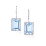 A PAIR OF AQUAMARINE AND DIAMOND PENDENT EARRINGS Each rectangular-cut aquamarine within a pavé-