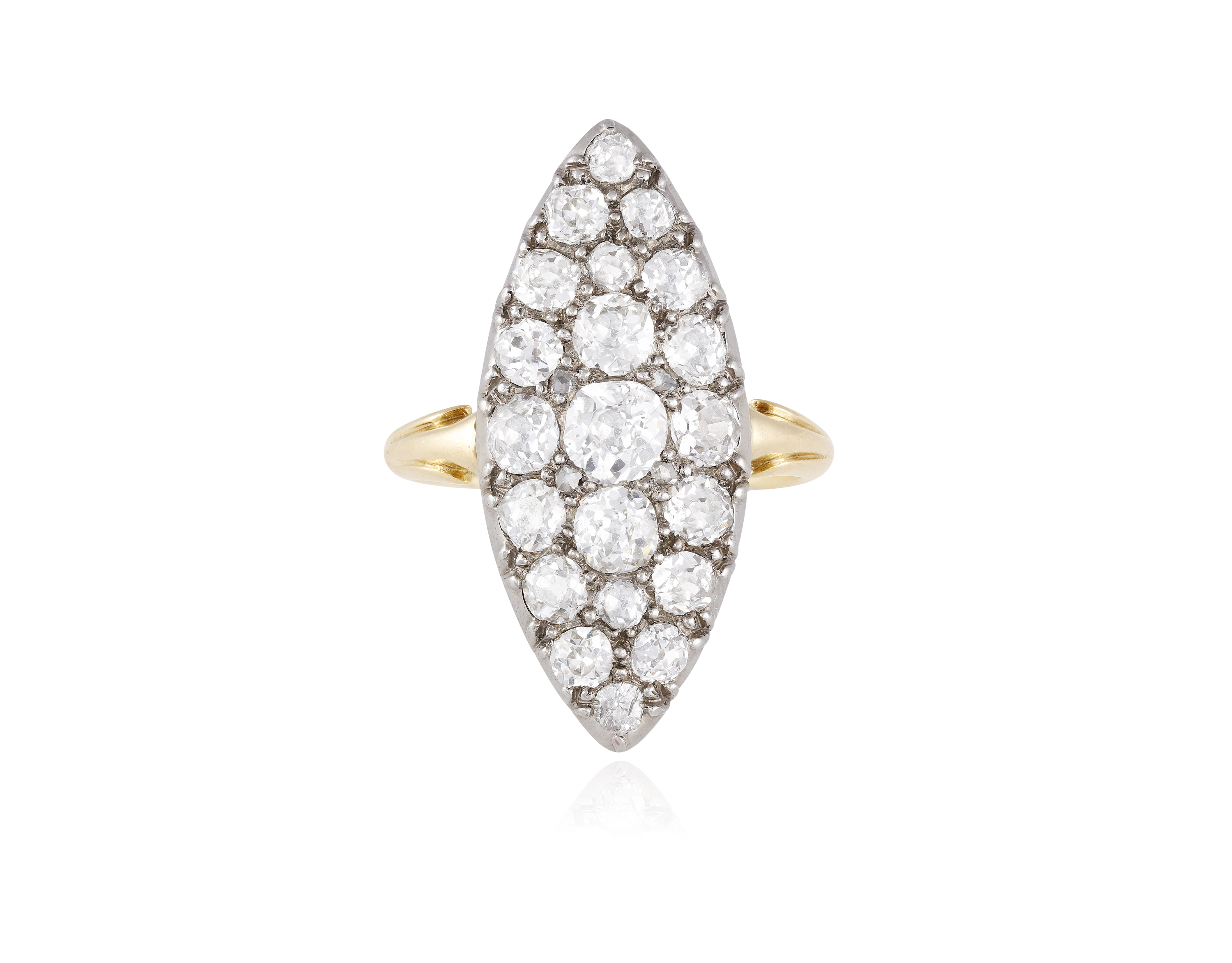 AN EDWARDIAN DIAMOND DRESS RING, CIRCA 1900 Composed of a marquise-shaped plaque set with