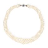 A CULTURED PEARL NECKLACE WITH GEM-SET CLASP The three strands of 3.33mm-7.61mm cultured pearls,