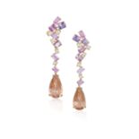 A PAIR OF GEM-SET AND DIAMOND PENDENT EARRINGS Each pear-shaped morganite drop, suspending from a