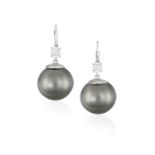 A PAIR OF CULTURED PEARL AND DIAMOND EARRINGS The round-shaped Tahitian cultured pearls of grey