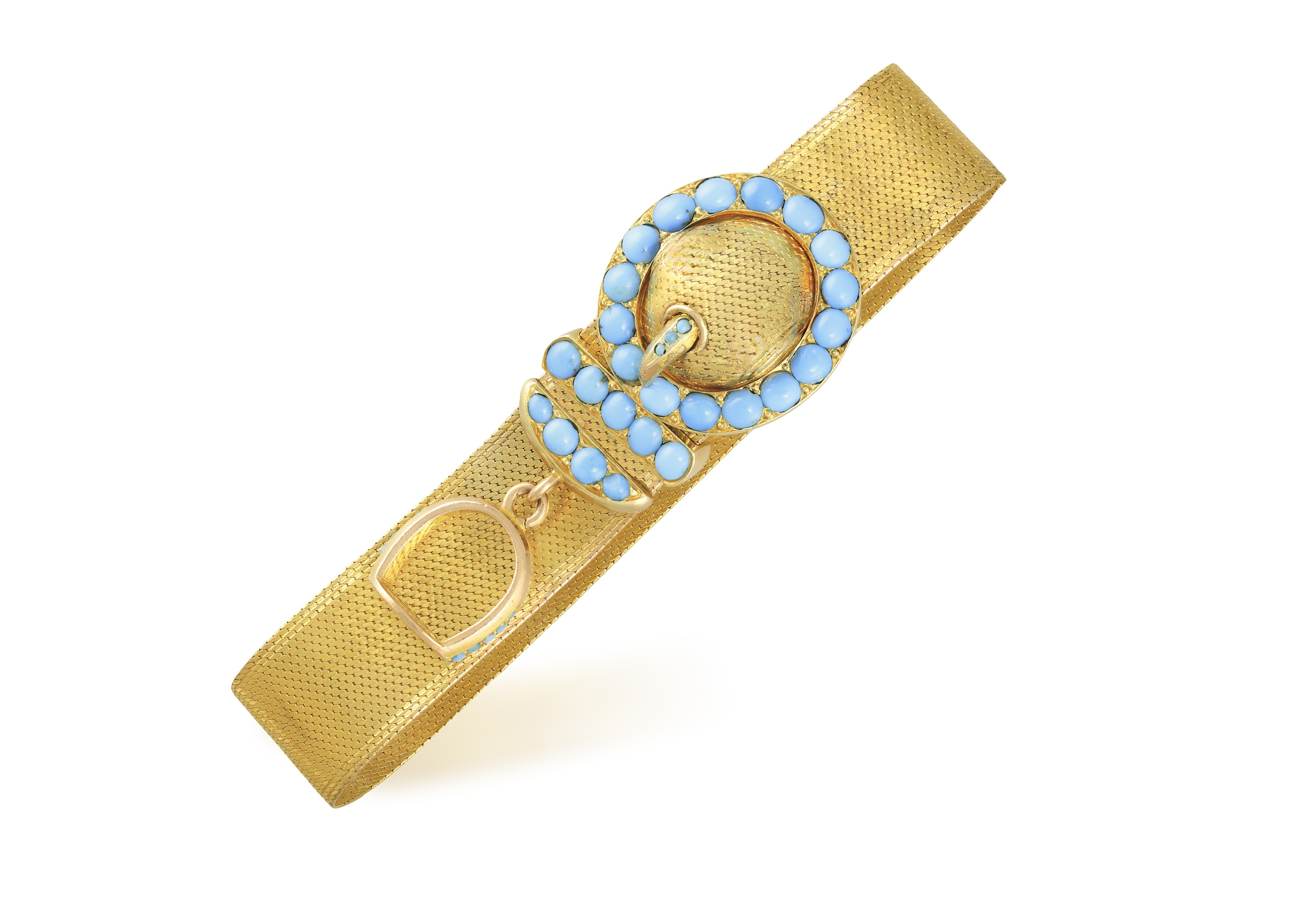 A VICTORIAN TURQUOISE BRACELET, CIRCA 1860 Of mesh-link belt design, the buckle set with circular