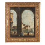 SCHOOL OF FRANCESCO GUARDI (1712 - 1793) Figures beneath an archway on the Grand Canal, Venice Oil