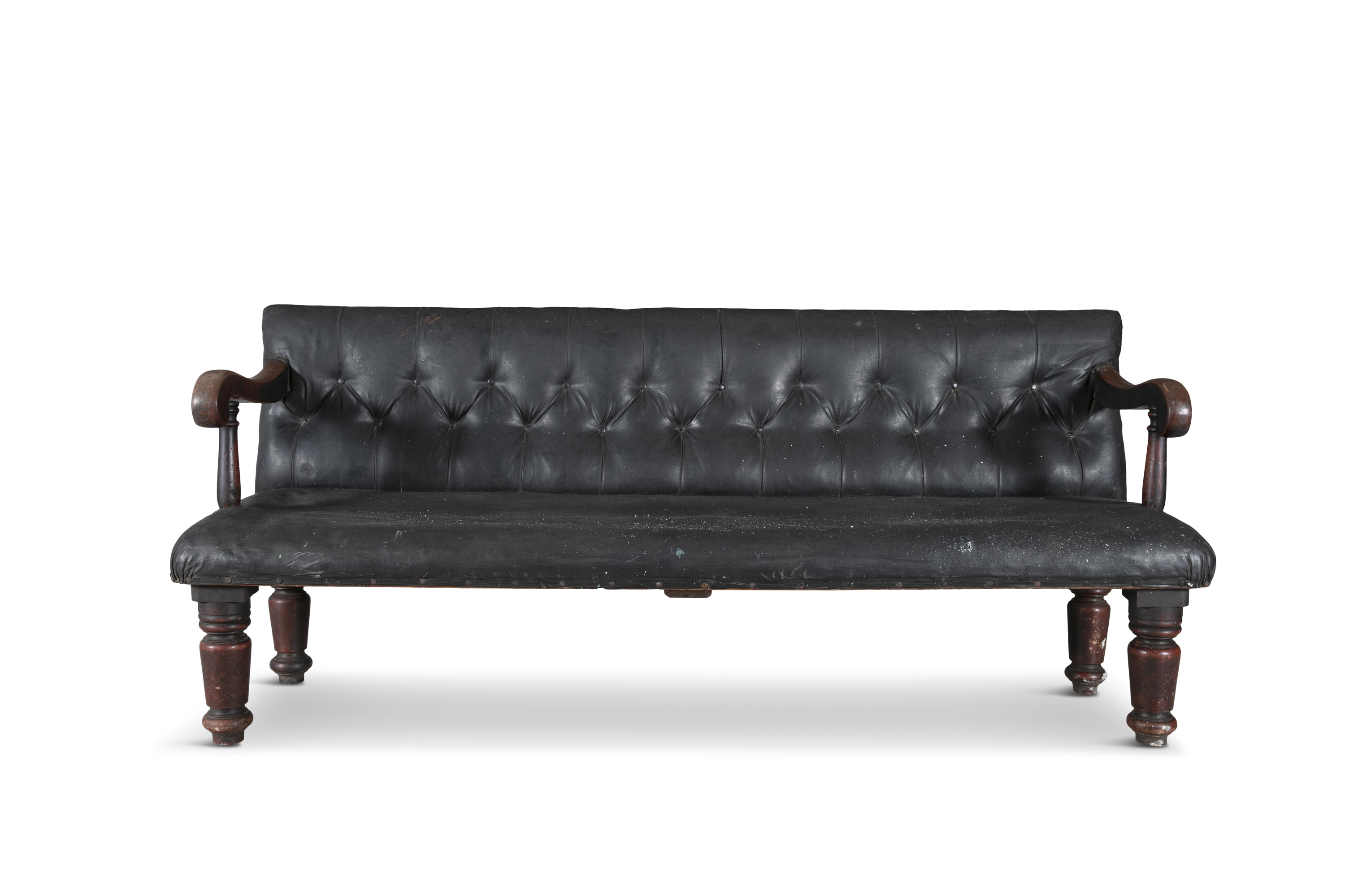 A PAIR OF 19TH CENTURY MAHOGANY FRAMED LONG CLUB SEATS, with black leather buttoned backs and - Image 4 of 5