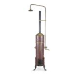 AN UNUSUAL 19TH CENTURY BRASS AND COPPER SHOWER, comprising a solid fuel boiler and raised shower