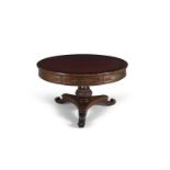 A GEORGE IV INLAID MAHOGANY CIRCULAR DRUM TABLE, the top inset with segmented red leather within a