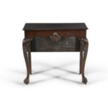 A GEORGE III MAHOGANY RECTANGULAR SIDE TABLE, with moulded rim, having single drop leaf to the rear,
