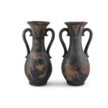 A PAIR OF ANCEINT GREEK TERRACOTTA RED FIGURE AMPHORA VASES, each with flared rims and tapered necks