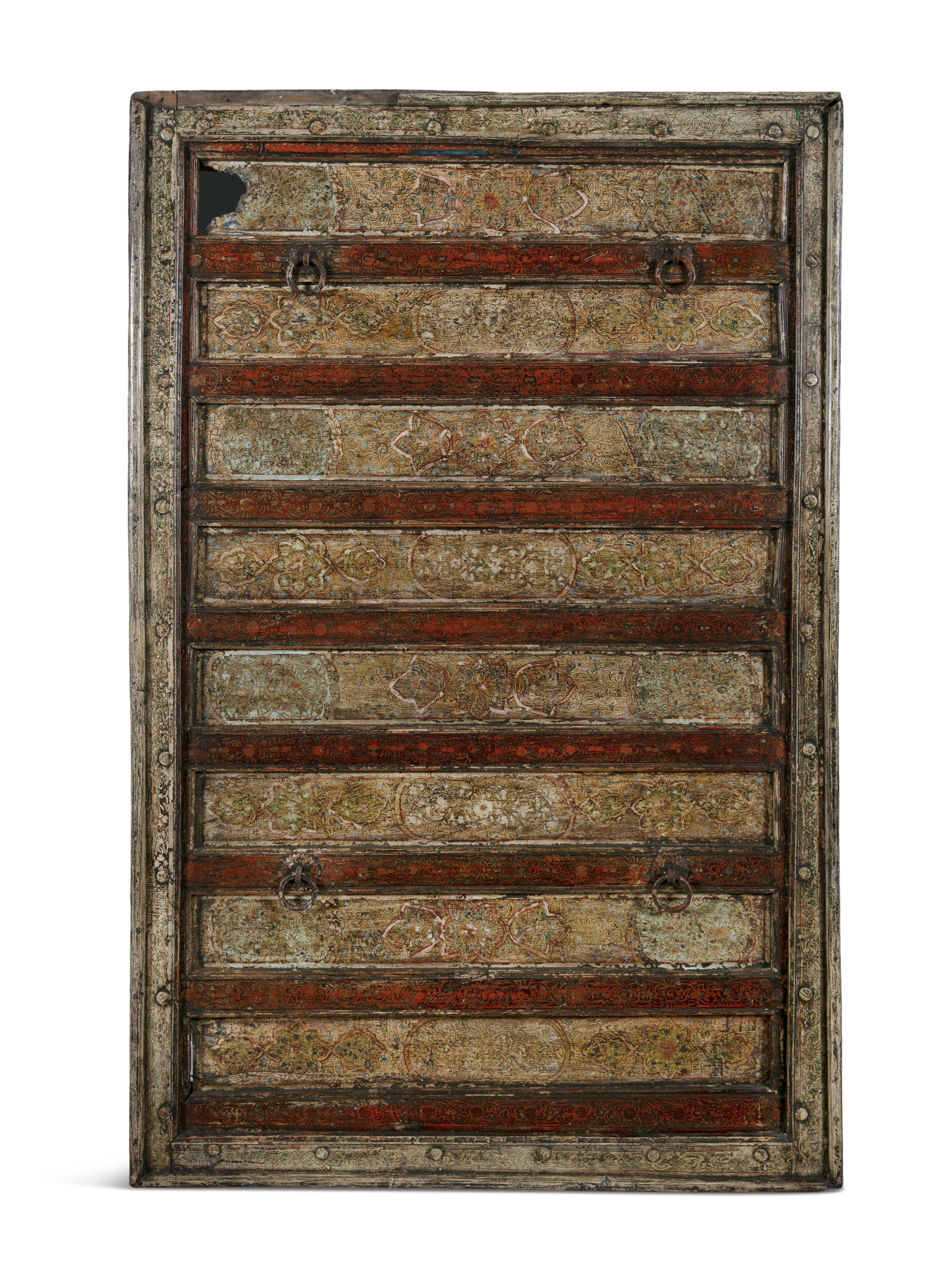 AN 18TH/19TH CENTURY MOORISH PAINTED TIMBER DOOR PANEL, with cast iron mounts and studded frame. 105