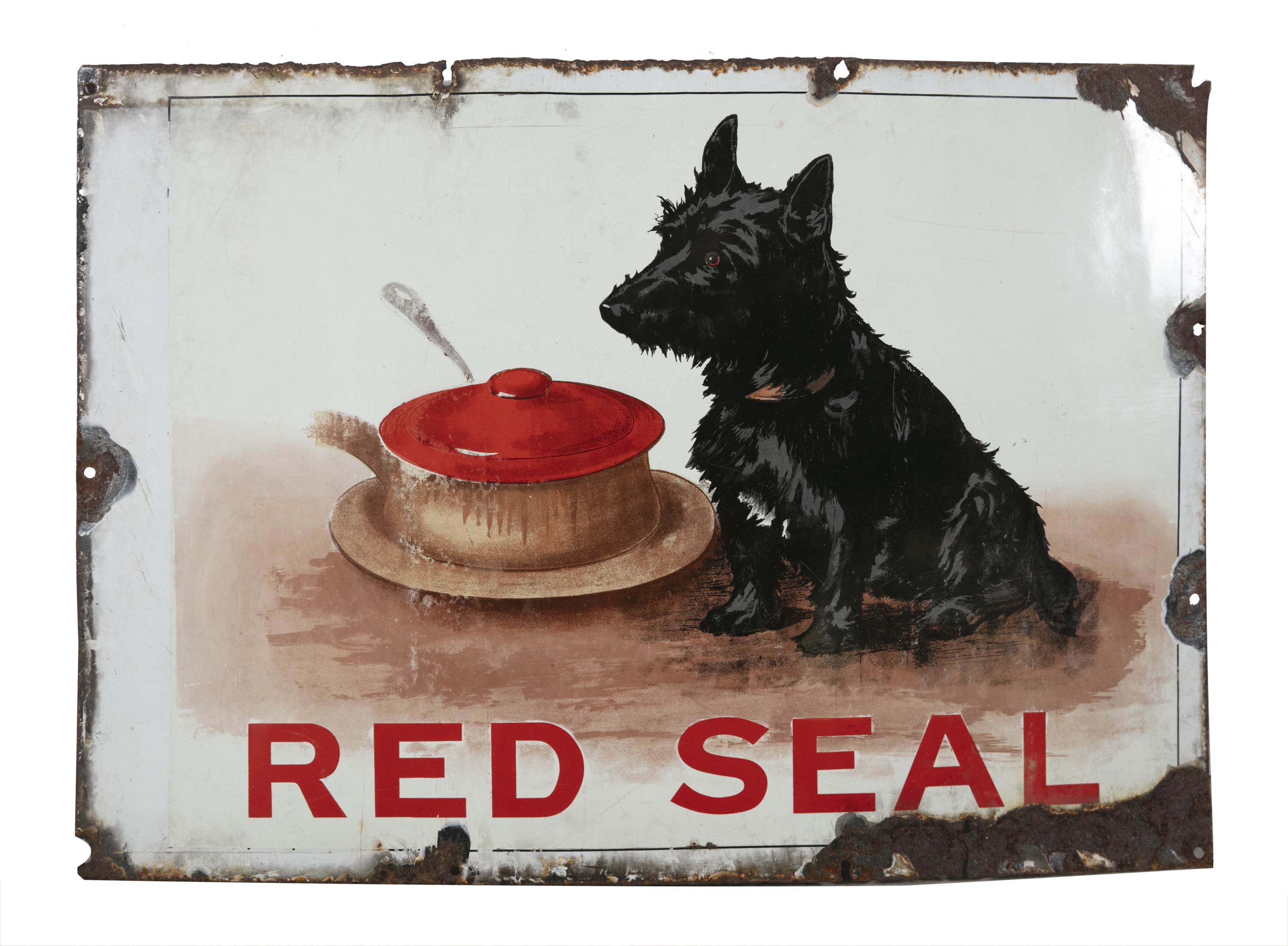 A LARGE 'RED SEAL' ENAMEL DISPLAY PANEL, c.1900, on zinc, depicting a scotch terrier pondering a