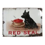 A LARGE 'RED SEAL' ENAMEL DISPLAY PANEL, c.1900, on zinc, depicting a scotch terrier pondering a