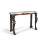 A 19TH CENTURY MAHOGANY RECTANGULAR CONSOLE TABLE, the breakfront white marble top raised on front