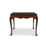 A GEORGE III PLAIN MAHOGANY RECTANGULAR SILVER TABLE, with cavetto top above shaped frieze, on