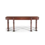 A PAIR OF IRISH WILLIAM IV MAHOGANY BREAKFRONT LONG SERVING TABLES, with plain moulded tops,