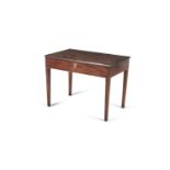 A GEORGE III INLAID MAHOGANY RECTANGULAR DESK, the front legs and drawer extending to reveal an