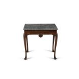 A GEORGE III WALNUT SIDE TABLE, the later grey marble top with moulded rim above a plain frieze, the