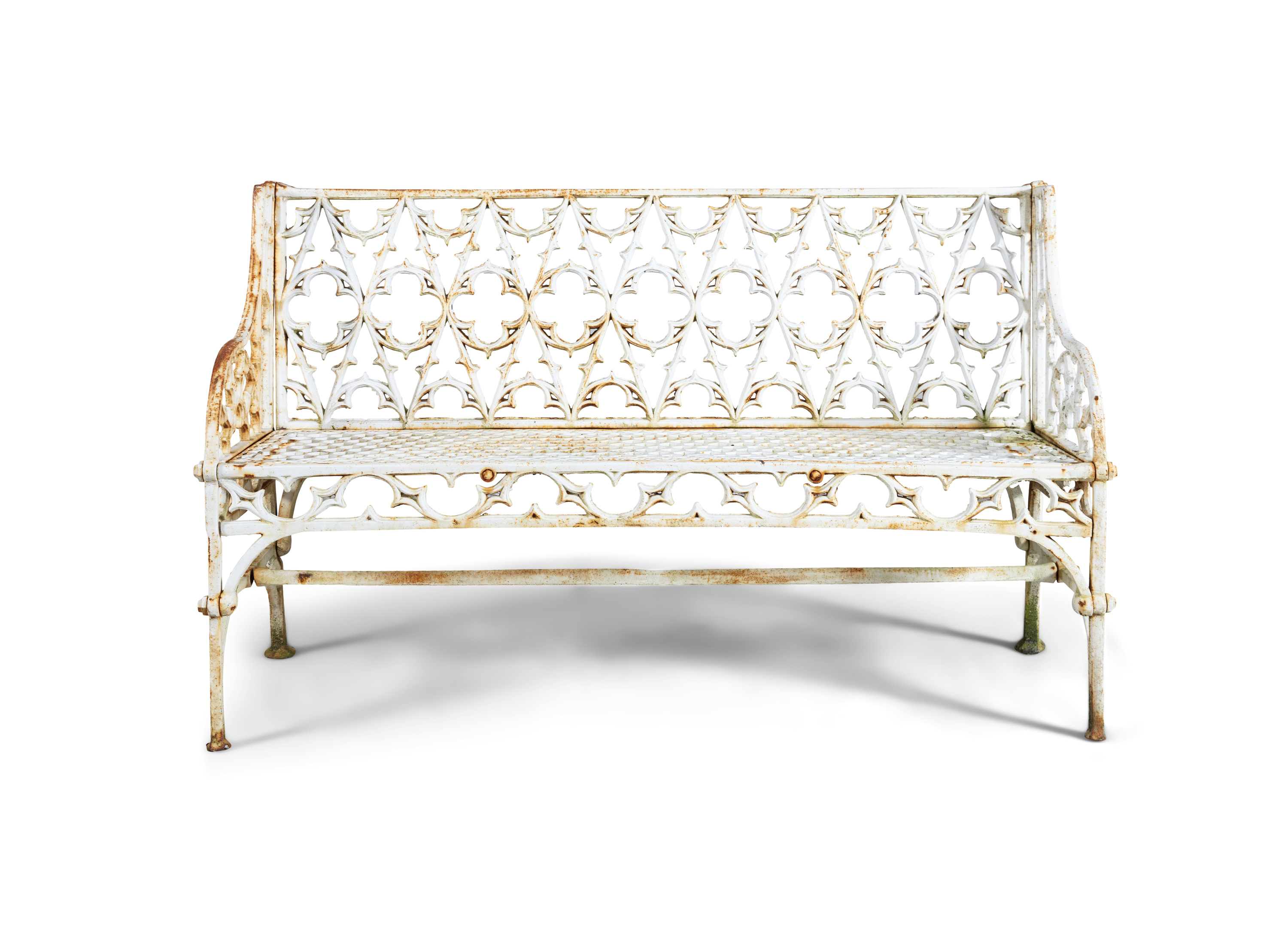 A PAIR OF VICTORIAN GOTHIC PATTERN WHITE PAINTED CAST IRON GARDEN BENCHES, pierced with - Image 2 of 5