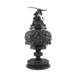 A LARGE JAPANESE BRONZE KORO AND COVER ON STAND, 19th century, surmounted with a model of a eagle