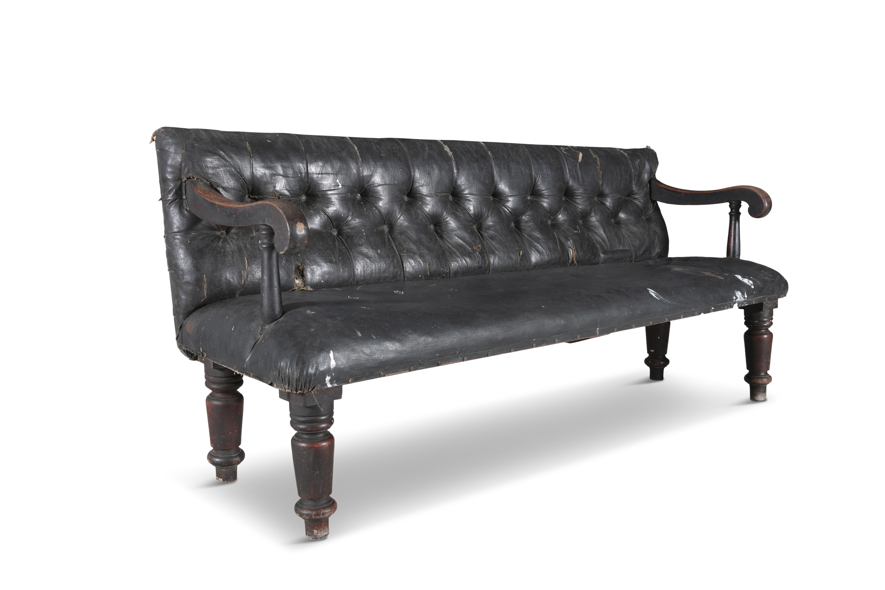 A PAIR OF 19TH CENTURY MAHOGANY FRAMED LONG CLUB SEATS, with black leather buttoned backs and - Image 2 of 5