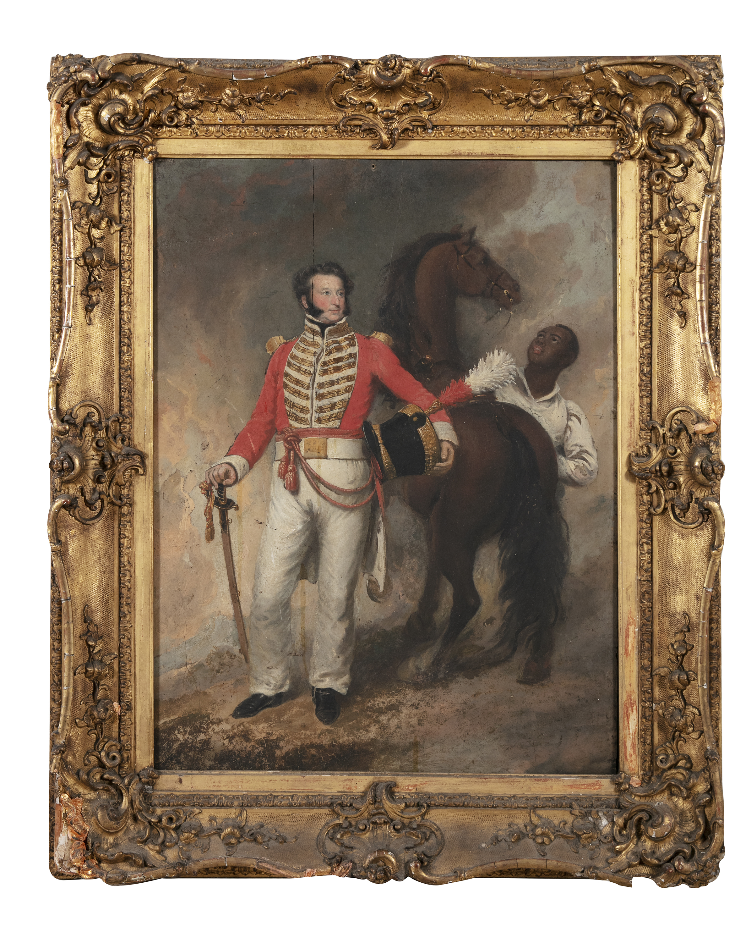 ENGLISH SCHOOL (19TH CENTURY) Portrait of an Officer with Groom and Horse Oil on panel, 76 x 58cm