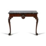 A GEORGE III AND LATER MAHOGANY CONSOLE TABLE, the veined marble top with moulded rim above a