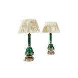 A PAIR OF CONTINENTAL GREEN AND GILT GLASS TABLE LAMPS, 19th century, each fitted with pleated