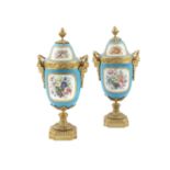 A PAIR OF ORMOLU AND SÈVRES PORCELAIN URNS, of circular form, with domed lids surmounted with