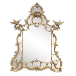 A LARGE 19TH CENTURY CARVED GILTWOOD OVERMANTLE MIRROR, in the chinoiserie manner of Thomas