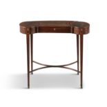 A LADY'S GEORGE III FIGURED MAHOGANY SATINWOOK AND LINED INLAID CONCAVE SHAPED WRITING TABLE, the