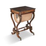 A REGENCY ROSEWOOD AND BRASS INLAID WORK TABLE, with moulded rectangular top inlaid with band of