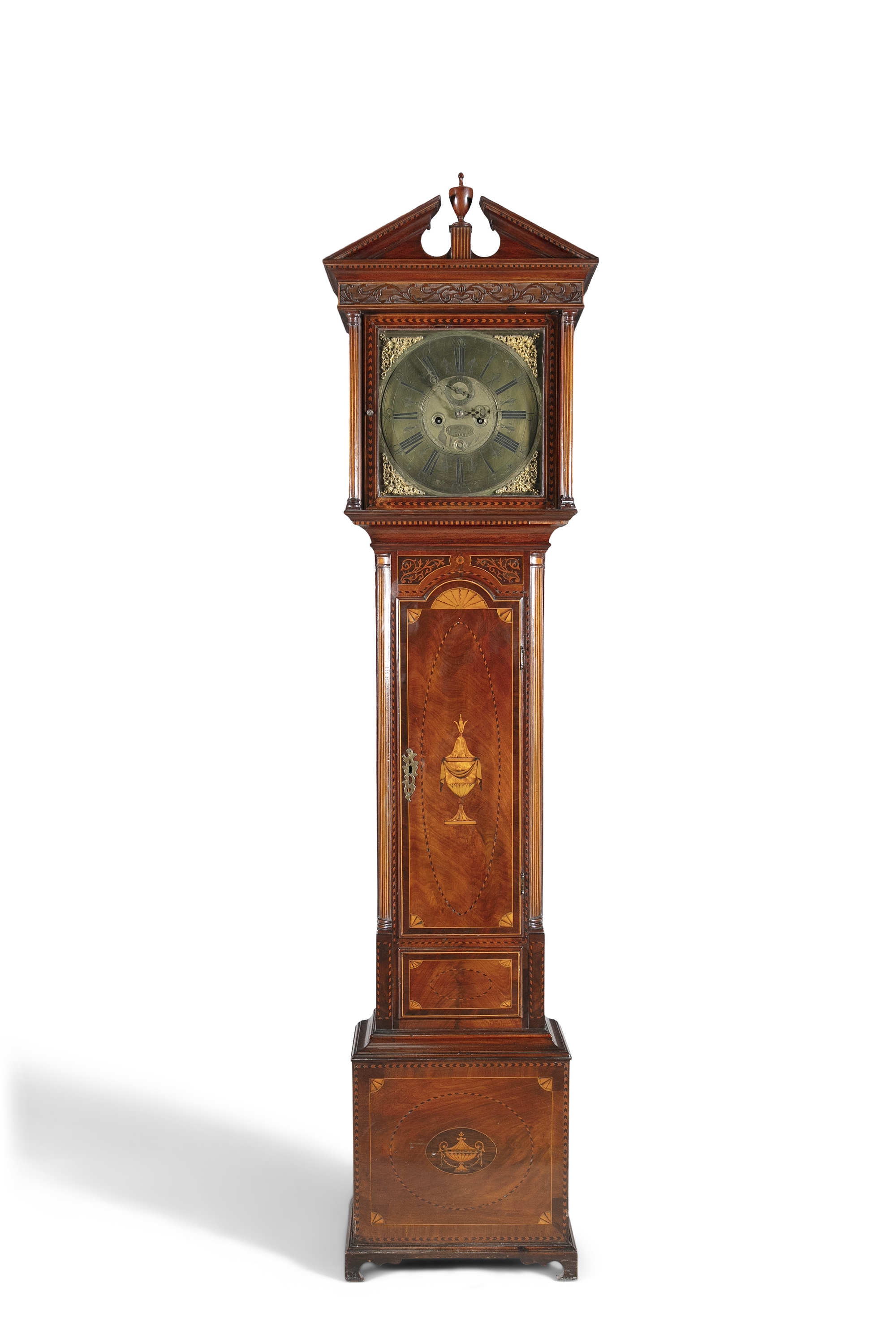 AN IRISH GEORGE III MAHOGANY AND MARQUETRY LONGCASE CLOCK, the brass dial with calendar aperture and
