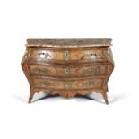 A LOUIS QUINZE KINGWOOD, ROSEWOOD BANDED AND MARQUETRY BOMBÉ COMMODE, with shaped brocatelle