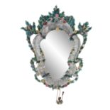 A FINE 18TH CENTURY VENETIAN MURANO POLYCHROME GLASS MIRROR, decorated with etched ground and