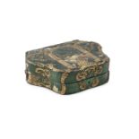 A FRENCH SHAGREEN AND ORMOLU MOUNTED CARTOUCHE SHAPED JEWELLERY CASKET, 18th Century, the hinged