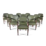 A SET OF TEN GEORGE III STYLE MAHOGANY FRAMED ELBOW CHAIRS, with reeded frames, upholstered in green