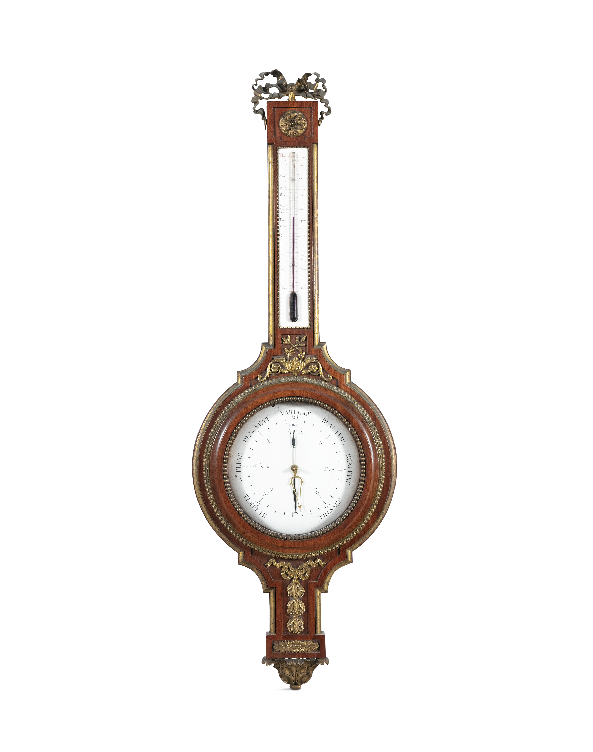 A FRENCH MAHOGANY AND PARCEL GILT WHEEL BAROMETER, 18th century, with white enamel dial, the trunk