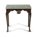 A GEORGE III MAHOGANY RECTANGULAR SIDE TABLE, with later green veined marble top, raised above a