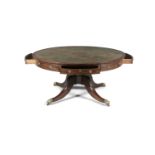 A GEORGE III MAHOGANY CIRCULAR DRUM TABLE, with gilt tooled leather top, the frieze with short