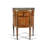 A LOUIS SEIZE KINGWOOD, SATINWOOD AND PARQUETRY INLAID D-SHAPED SIDE CABINET, with inset