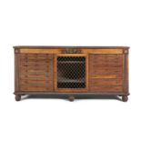 A REGENCY ROSEWOOD AND BRASS INLAID COLLECTOR'S SIDE CABINET, the rectangular top with ropetwist