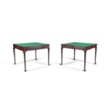 A PAIR OF GEORGE I MAHOGANY RECTANGULAR FOLDING TOP CARD TABLES, with concertina action, raised on