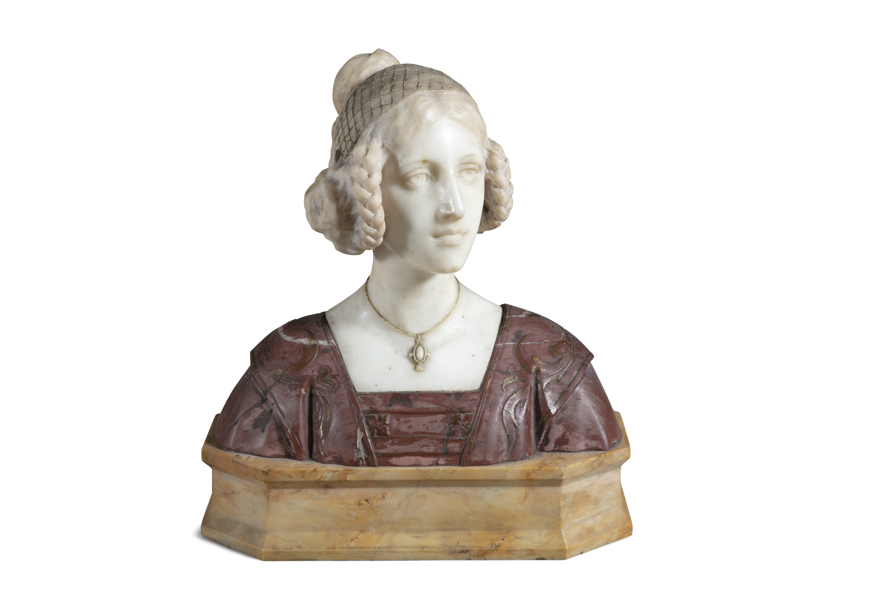 A 19TH CENTURY MARBLE BUST OF A RENAISSANCE WOMAN, comprised of carrera, and rossa verona marble,