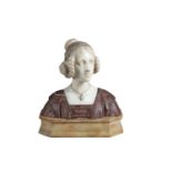 A 19TH CENTURY MARBLE BUST OF A RENAISSANCE WOMAN, comprised of carrera, and rossa verona marble,