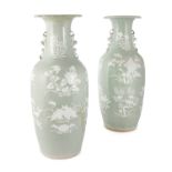 A LARGE PAIR OF CHINESE CELADON GROUND PORCELAIN VASES, 19th century, of baluster form with flared