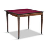 A VICTORIAN INLAID WALNUT AND EBON FOLDING TOP RECTANGULAR SIDE TABLE, the hinged top decorated with