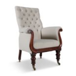 A WILLIAM IV MAHOGANY FRAMED BUTTON BACK LIBRARY CHAIR, c.1830, the rectangular back and