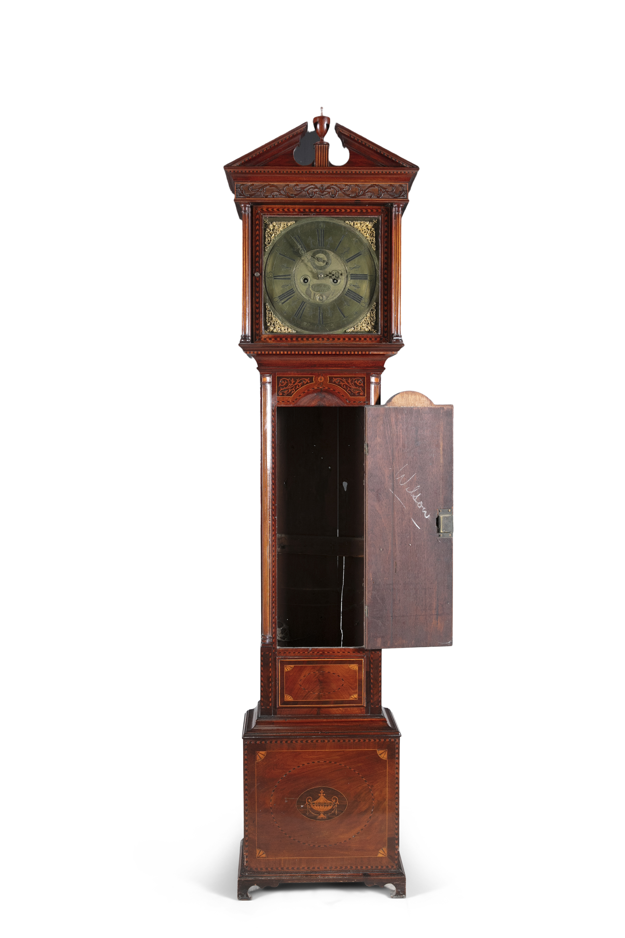 AN IRISH GEORGE III MAHOGANY AND MARQUETRY LONGCASE CLOCK, the brass dial with calendar aperture and - Image 2 of 2